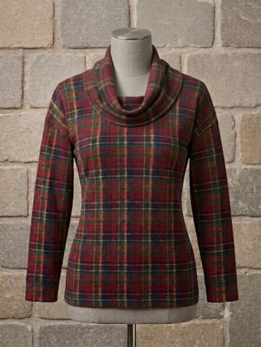 Nothern Spirit Plaid Cowl Neck Sweater - Red Tartan Size M